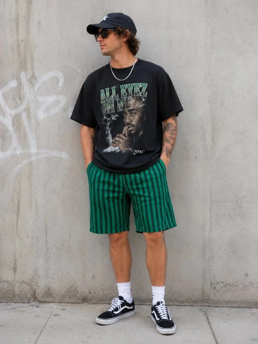 Vintage Ary Cooper Green Black Striped Shorts Men's 34 Cotton 90s Made in Hong K